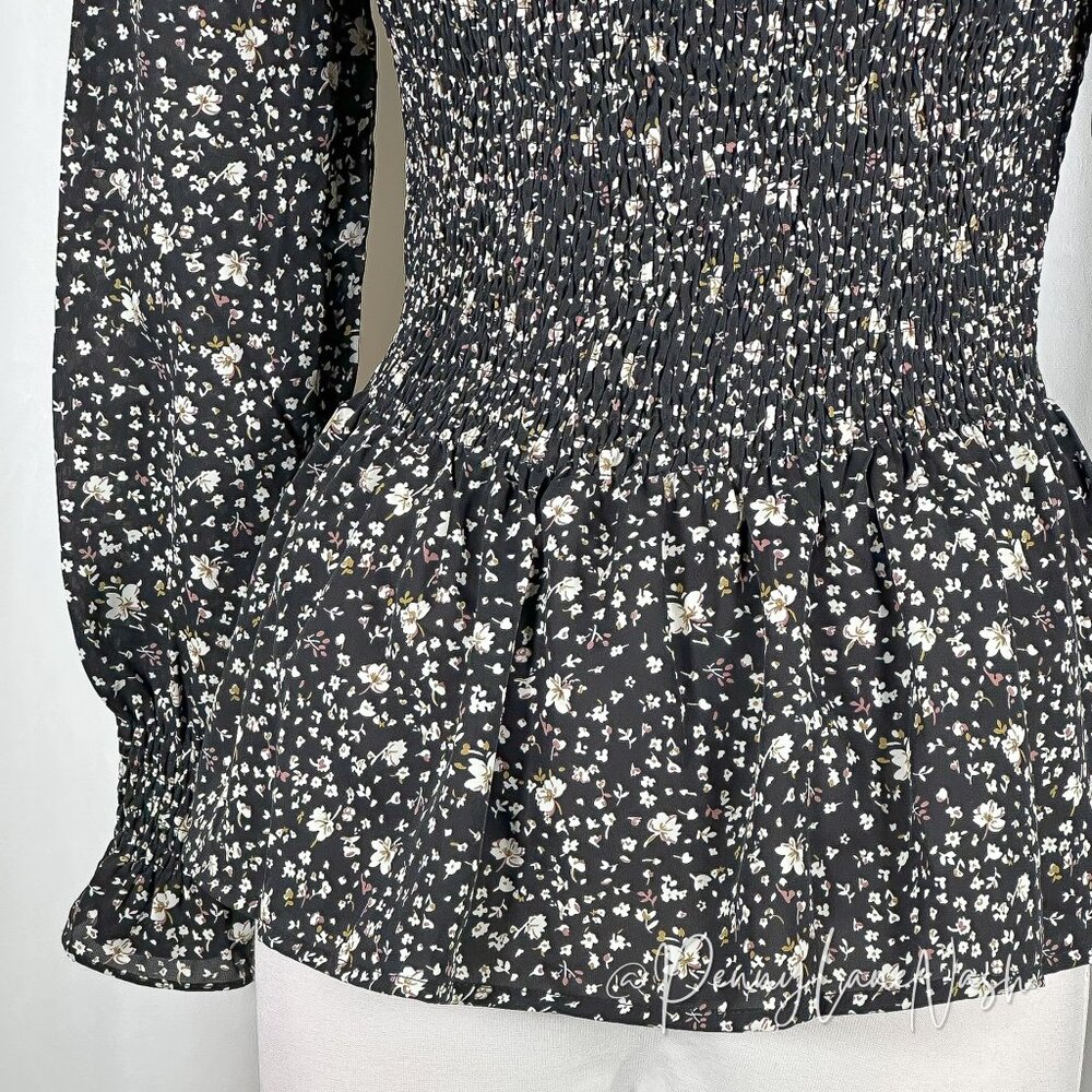 Flawless Floral Smocked Peplum Top Small S Black - Picture 3 of 10